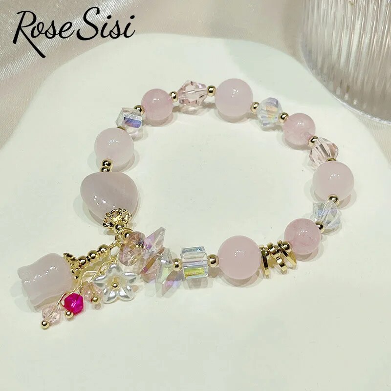Rose sisi Chinese style aventurine jade magnolia flower bracelet for women elastic rope crystal love bracelets handmade jewelry