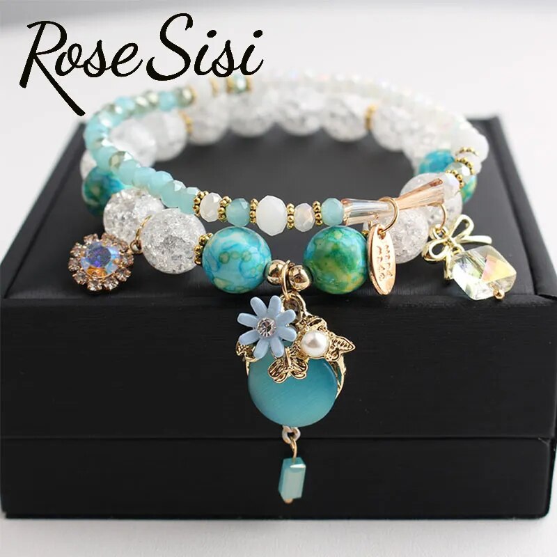 Rose sisi Korean style wrist bracelet for woman fresh and cute glass women's beads opal pendant 2-piece bracelets for women
