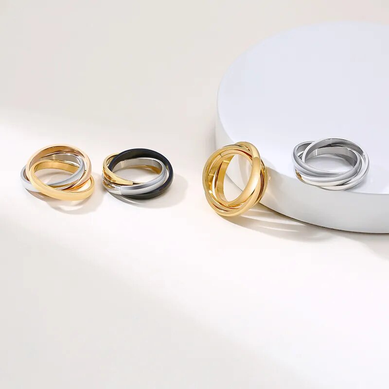 Women Classic 3 Rounds Ring Sets Solid Stainless Steel Wedding Engagement Female Gifts Jewelry