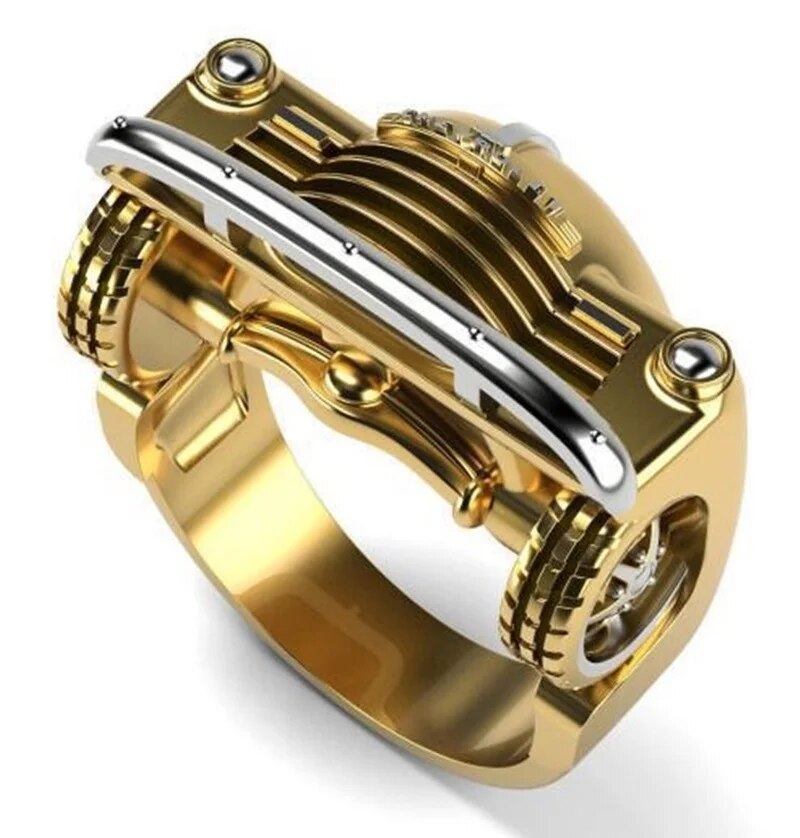2023 Ring Male Korean Fashion Gothic Accessories Double Color Car Styling Mechanical Style Ring Gold Jewelry Anillos Hombre