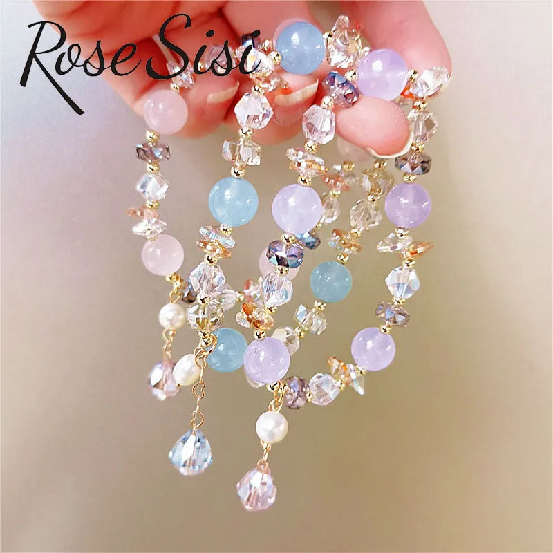 Rose sisi Fresh and sweet luxury crystal bracelet female natural stone beaded bracelet for women freshwater pearl elastic gift