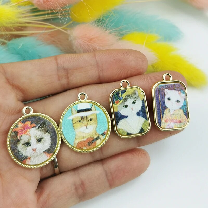 ApeUr 10pcs Kawaii Printing Metal Cabochon Cat Alloy Charms Cute Animals Earrings Pendant For Trend Jewelry Make Bracelet Dangle