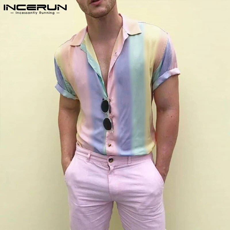 Summer Short Sleeve Turn Down Collar Blouse INCERUN Men Leisure Printing Shirt Man Casual Button Tie Dye Chemise Streetwear 5XL