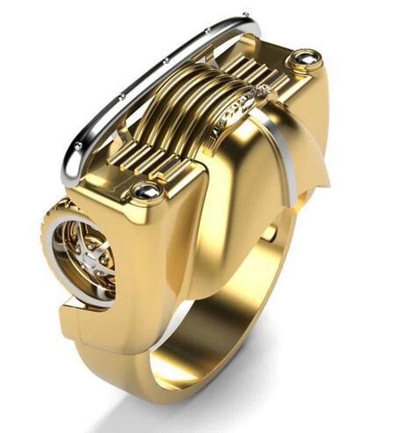 2023 Ring Male Korean Fashion Gothic Accessories Double Color Car Styling Mechanical Style Ring Gold Jewelry Anillos Hombre