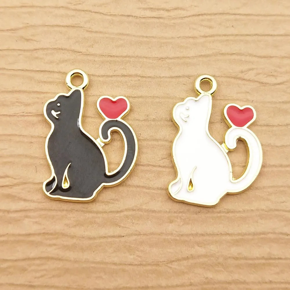 10pcs Heart Cat Charm for Jewelry Making Supplies Kawaii Enamel Animal Pendant Bracelet Earring Charms Accessories DIY Findings