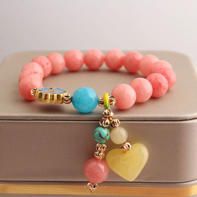 Rose sisi Chinese style popular bracelet heart-shaped agate bracelet for women elastic beads friendship bracelets jewelry gift