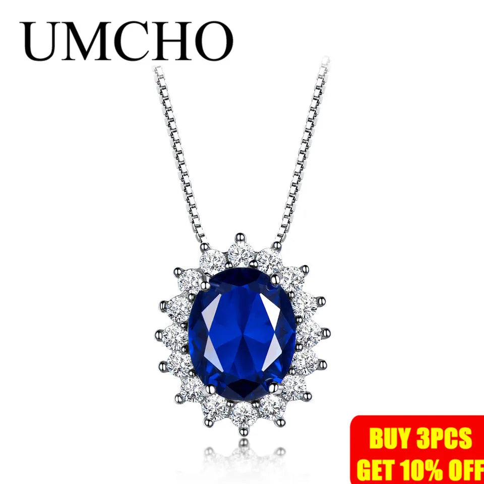 UMCHO Blue Sapphire Necklaces Pendants Princess Diana Genuine 925 Sterling Silver Gemstone Pendant for Women Wedding Party Gift