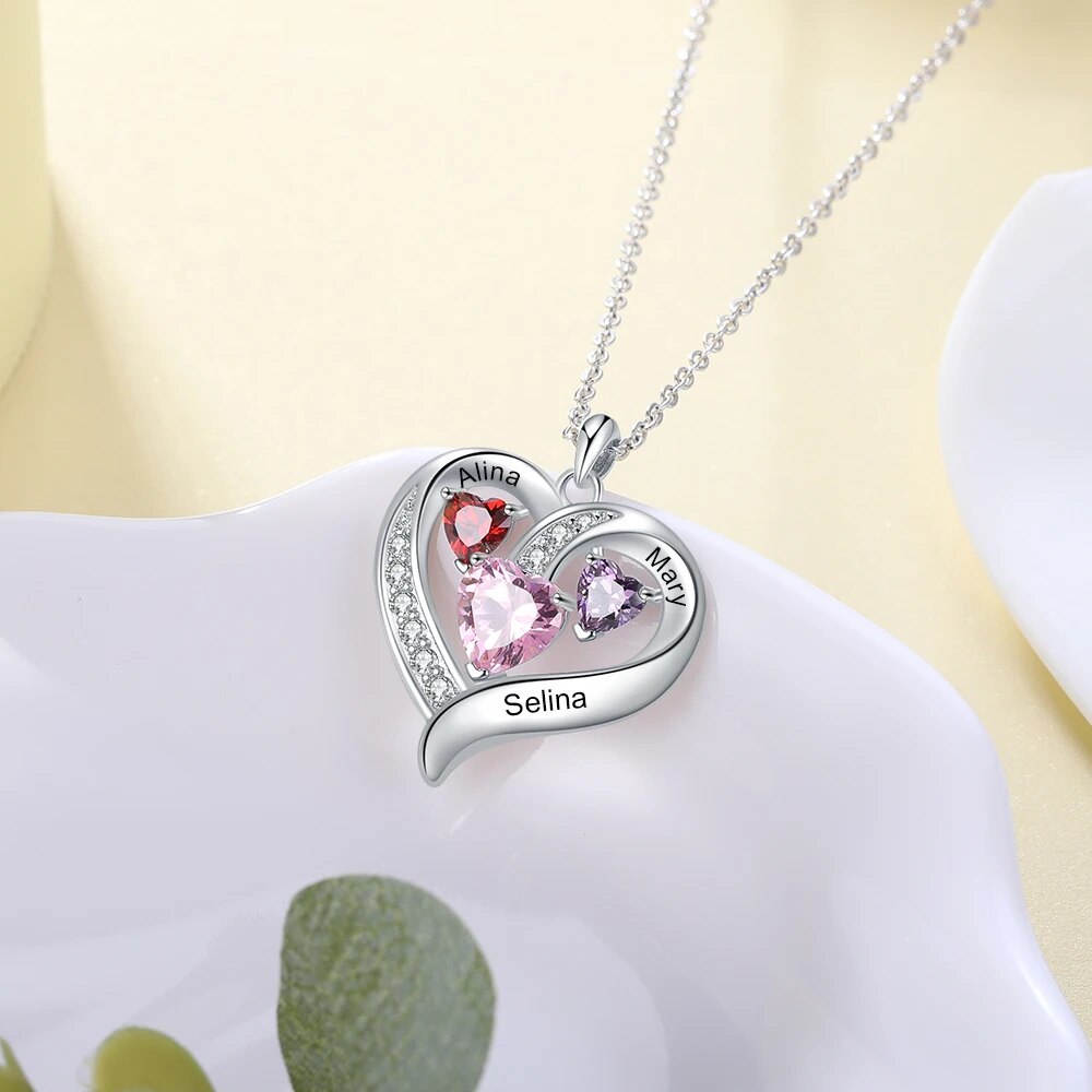 JewelOra Romantic Personalized Name Engraved Heart Necklaces for Women Customized 3 Birthstone Necklace Valentines Gift for Her