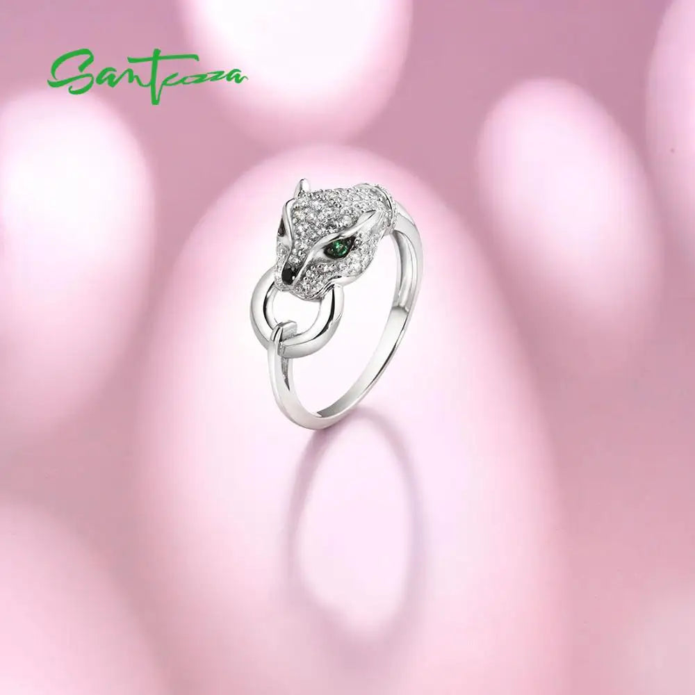 SANTUZZA 925 Sterling Silver Ring For Women Green Spinel White Cubic Zirconia Leopard Panther Rings Party Trendy Fine Jewelry
