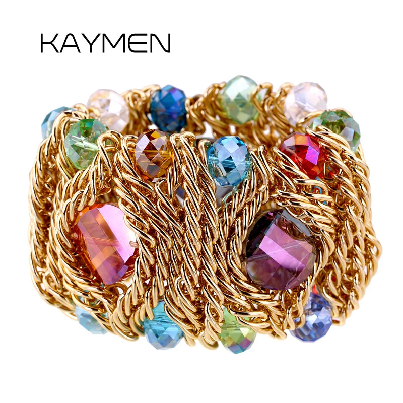 KAYMEN Fashion Crystal Bracelet Elastic Bangle for Women Handmade Bohemian Statement Charm Bracelet Cocktail Party Jewelry