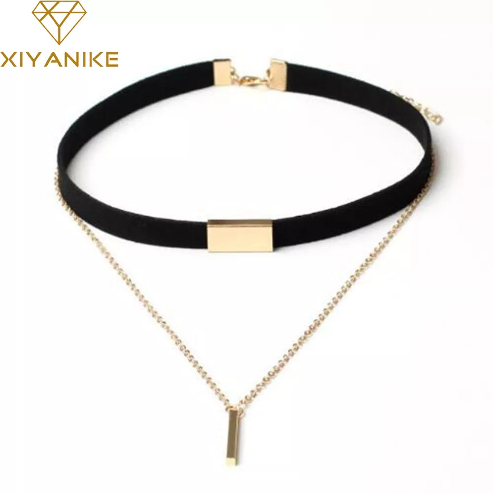 XIYANIKE New Black Velvet Choker Necklace Gold Chain Bar Chokers Necklace For Women collares mujer collier ras du cou N664
