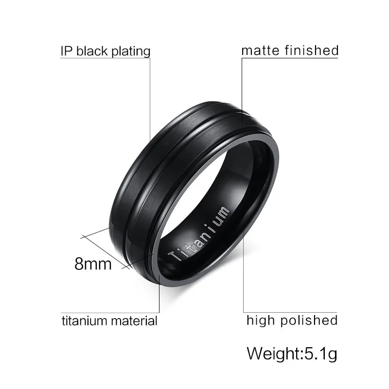 Vnox 8mm Black Men Ring 100% Titanium Carbide Casual Men's Jewelry Wedding Bands Classic Boyfriend Gift