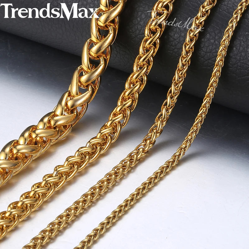 Length 3-10mm Men's Necklace Stainless Steel Gold Color Round Spiga Wheat Chain Hip Hop Jewelry Necklace For Men KNM136