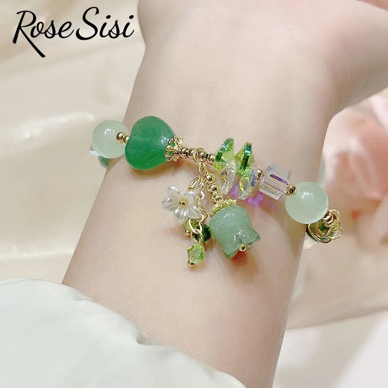 Rose sisi Chinese style aventurine jade magnolia flower bracelet for women elastic rope crystal love bracelets handmade jewelry