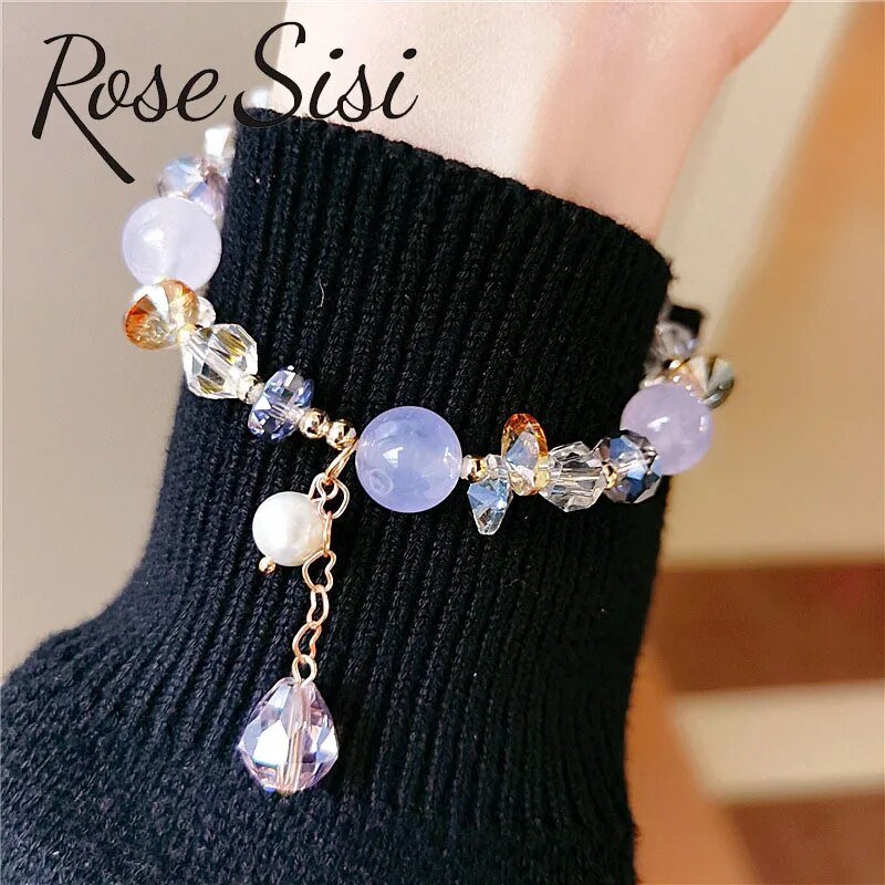 Rose sisi Fresh and sweet luxury crystal bracelet female natural stone beaded bracelet for women freshwater pearl elastic gift