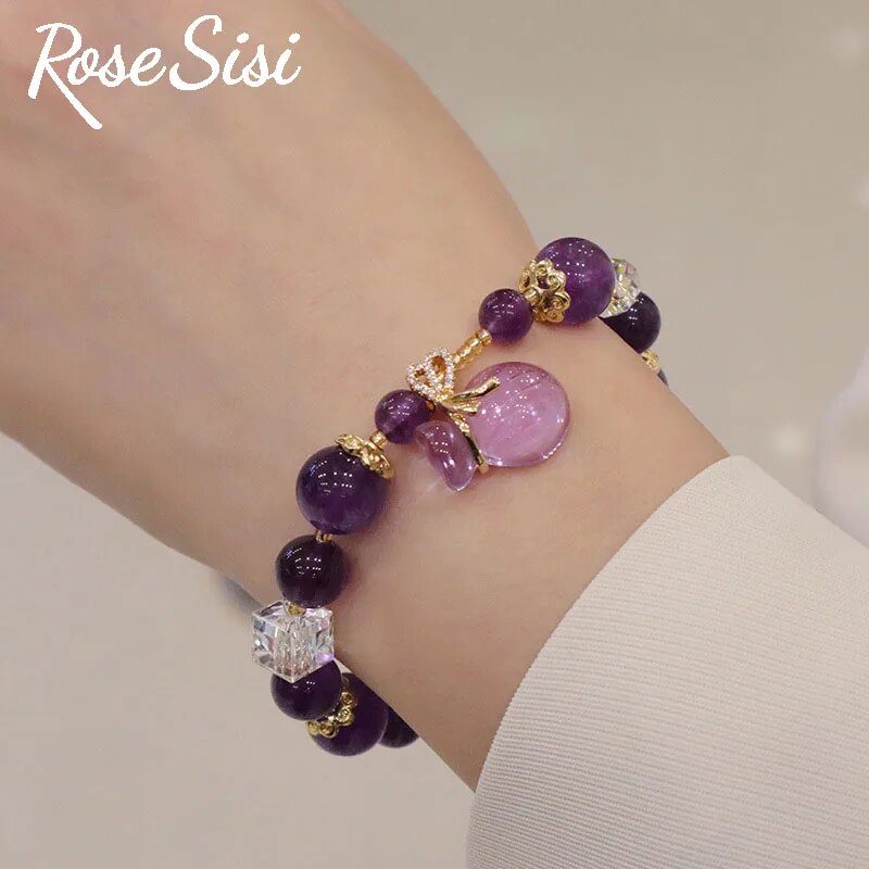 Rose sisi Amethyst bracelet Strawberry crystal bracelet for women purse Peace buckle fox pendant hand ornament lady jewelry gift