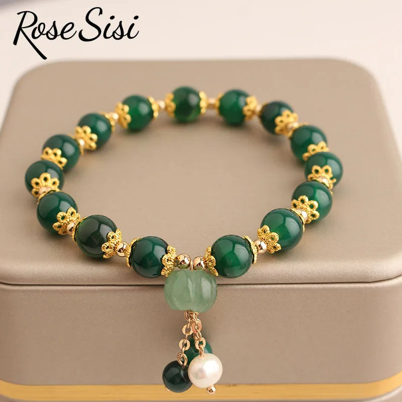 Rose sisi Chinese style classic style charm lady bracelet for women jade pendant beads bracelets elastic jewelry for women gift