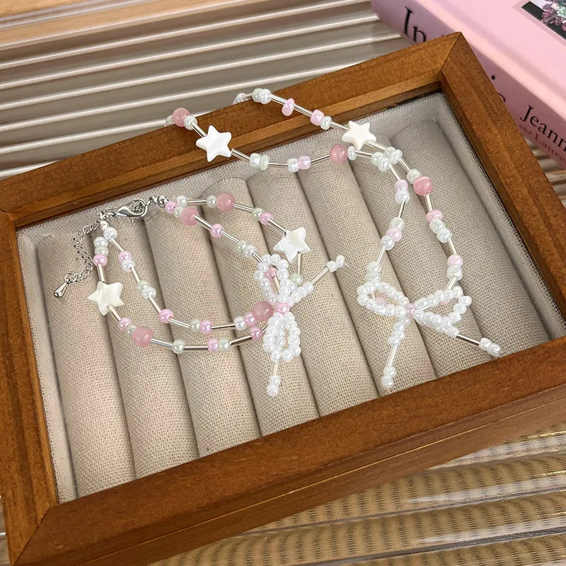 Korean Fashion Vintage Cute Crystal Star Bowknot Pearl Beaded Bracelet For Women Sweet Aesthetic Charm Y2K Jewelry Accessories
