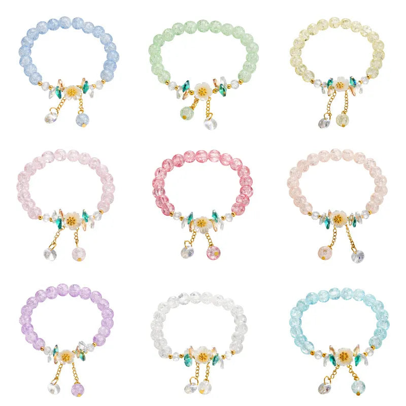 Korean Shell Daisy Crystal Beaded Bracelet For Elegant Ladies Elastic Adjustable Charm Bracelet Jewelry Party Anniversary Gifts