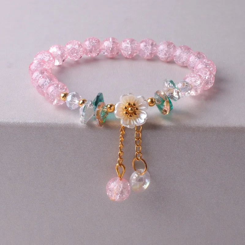 Korean Shell Daisy Crystal Beaded Bracelet For Elegant Ladies Elastic Adjustable Charm Bracelet Jewelry Party Anniversary Gifts