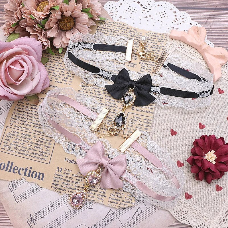 Kawaii Girls Short Collar Handmade Japanese Style Sweet and Cute Lady Lace Bow Rhinestone Pendant Stickers Necklace Jewelry