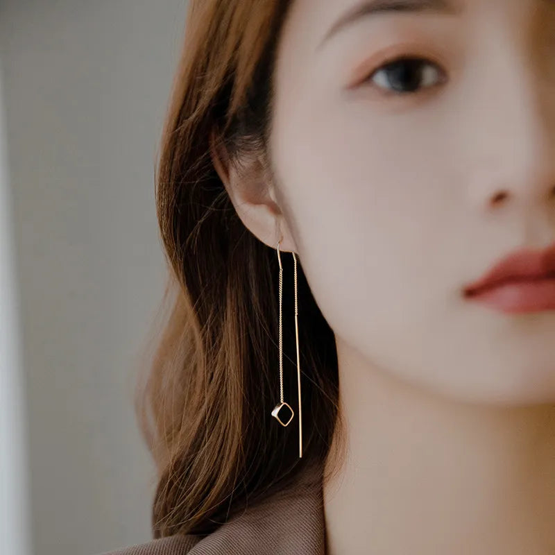 2023 High Sense Simple Black Square Pendant Long Earline Korean Fashion Jewelry Girl's Temperament Earring Accessories For Woman