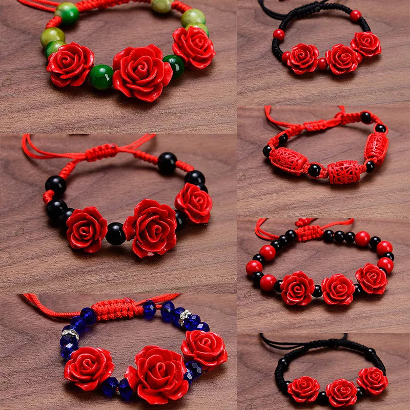 Korean Handmade Wove Rose Flower Bracelet For Women Girl Fashion Lacquer Red Rope Beaded Bracelet Accessorie Party Jewelry Gifts