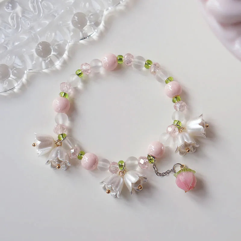 Sweet Vintage Pearl Lily Tulip Flower Bracelet for Women Fashion Korean Cute Tassel Peach Pendant Bracelets Aesthetic Jewelry