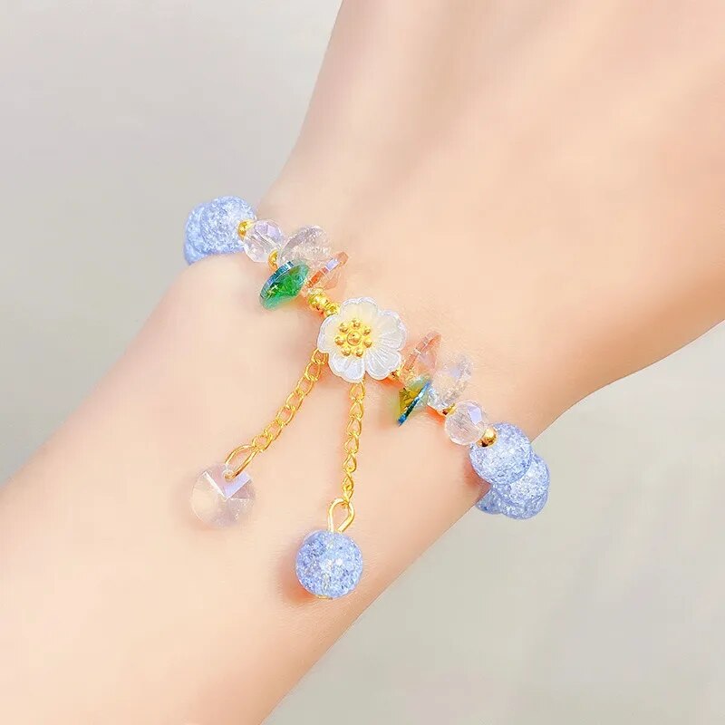 Korean Colorful Crystal Beaded Bracelet for Women Bohemian Shell Daisy Flower Pendant Elastic Bracelets Party Wedding Jewelry