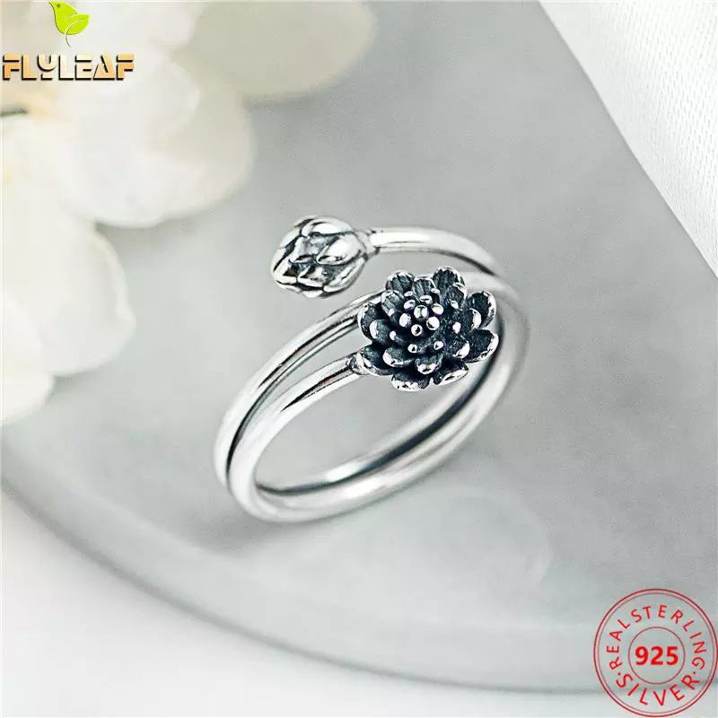 Real 925 Sterling Silver Jewelry Vintage Winding Lotus Flower Open Rings For Women Original Design Femme Popular Accessories
