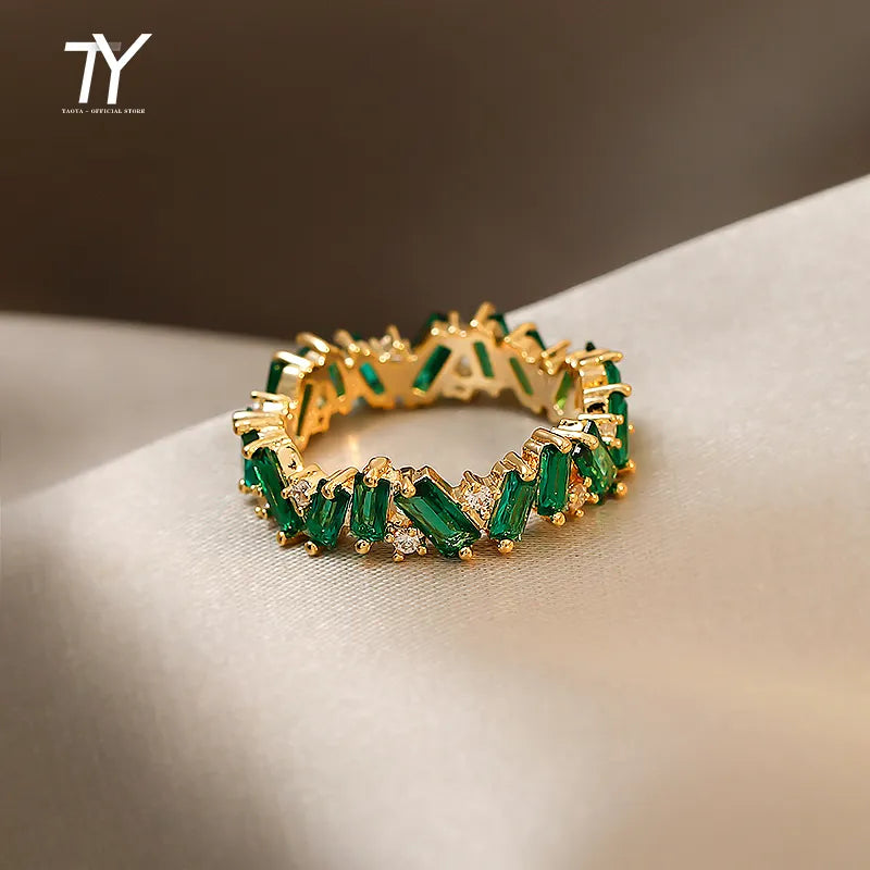 Luxury Green Crystal Irregular Gold Colour Rings Woman 2023 Neo Goth Jewelry High Level Set Accessories For Korean Fashion Girls