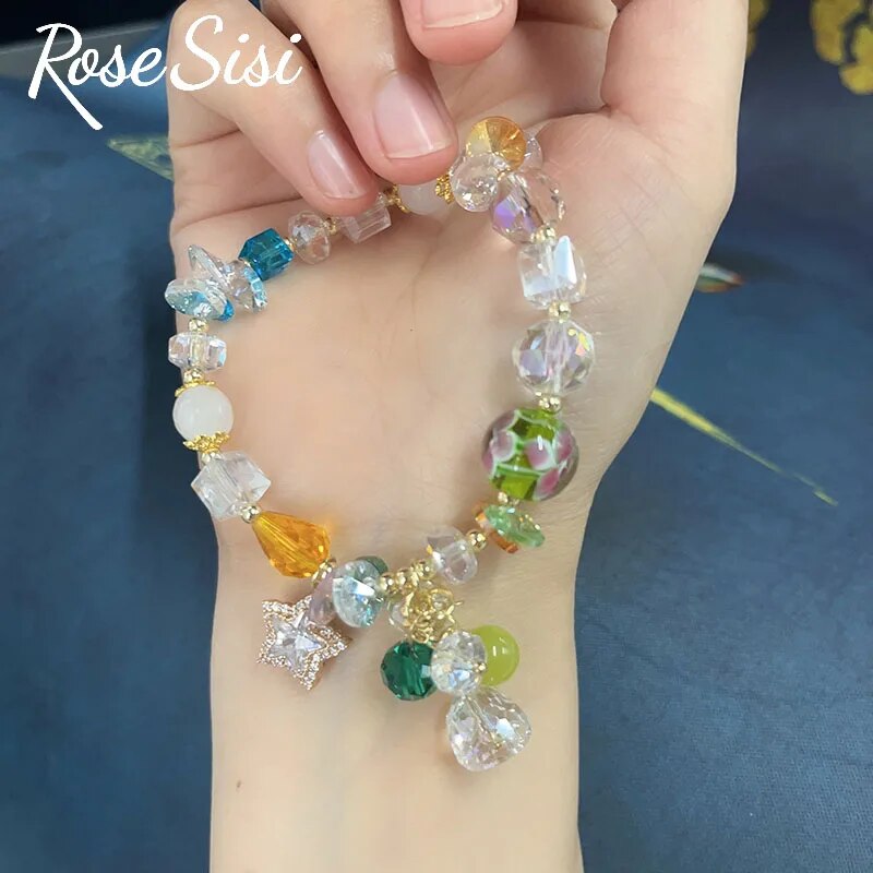 Rose sisi Japanese and Korean lovely colorful crystal bracelet for women charm bracelets Square pendant Woman jewelry for woman