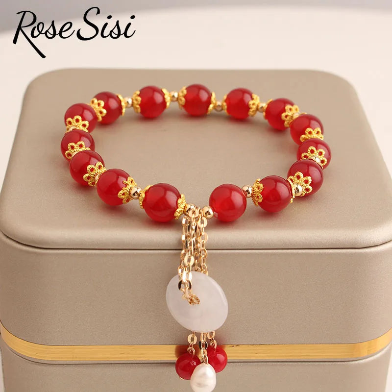 Rose sisi Chinese style classic style charm lady bracelet for women jade pendant beads bracelets elastic jewelry for women gift