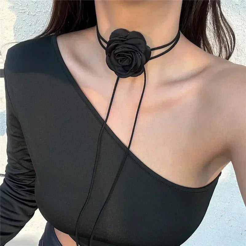 Rose Flower Clavicle Chain Necklace for Women 4 Colors Gothic Ladies Korean Fashion Adjustable Sexy Rope Choker Y2K Accessories