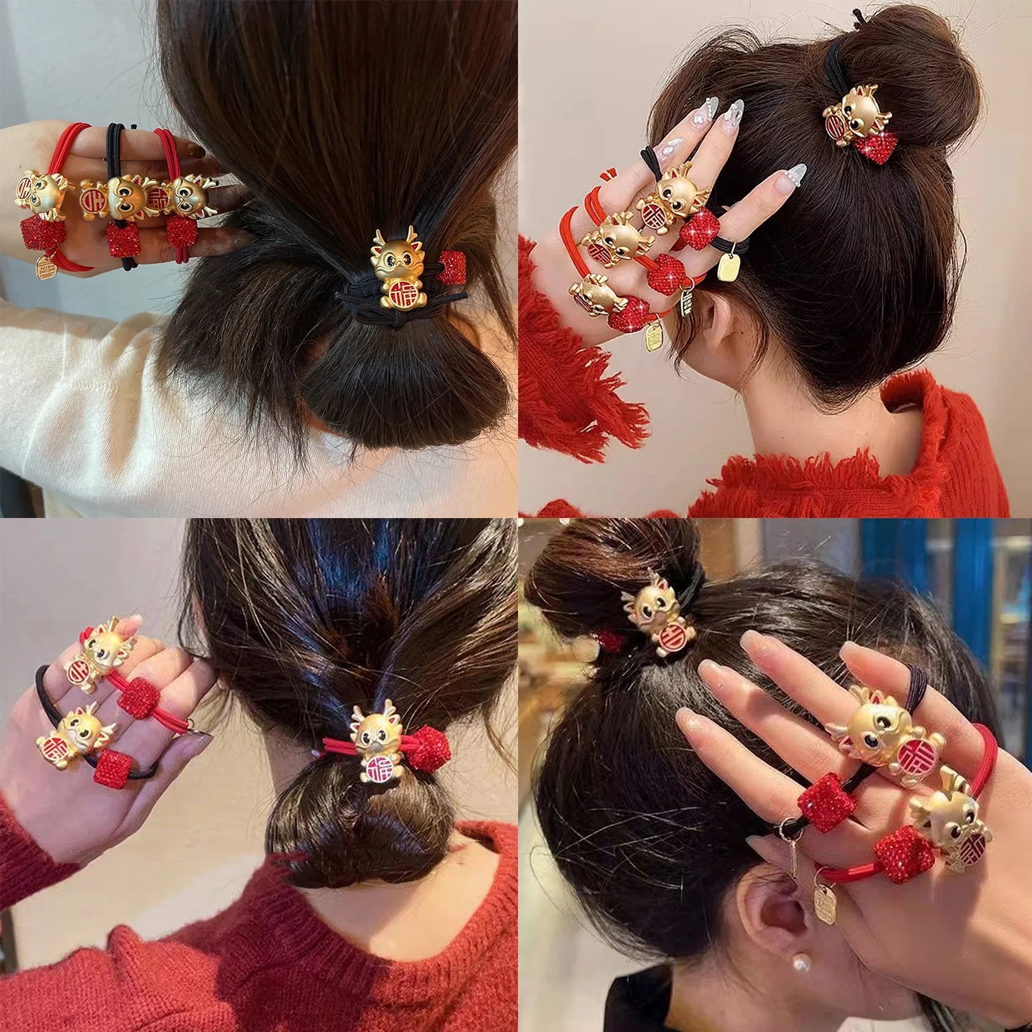 New Fashion Chinese Zodiac Dragon New Year Hair Tie Red Elastic Hair Bands Women Hair Rope Girls Hair Accessories Girls Headwear