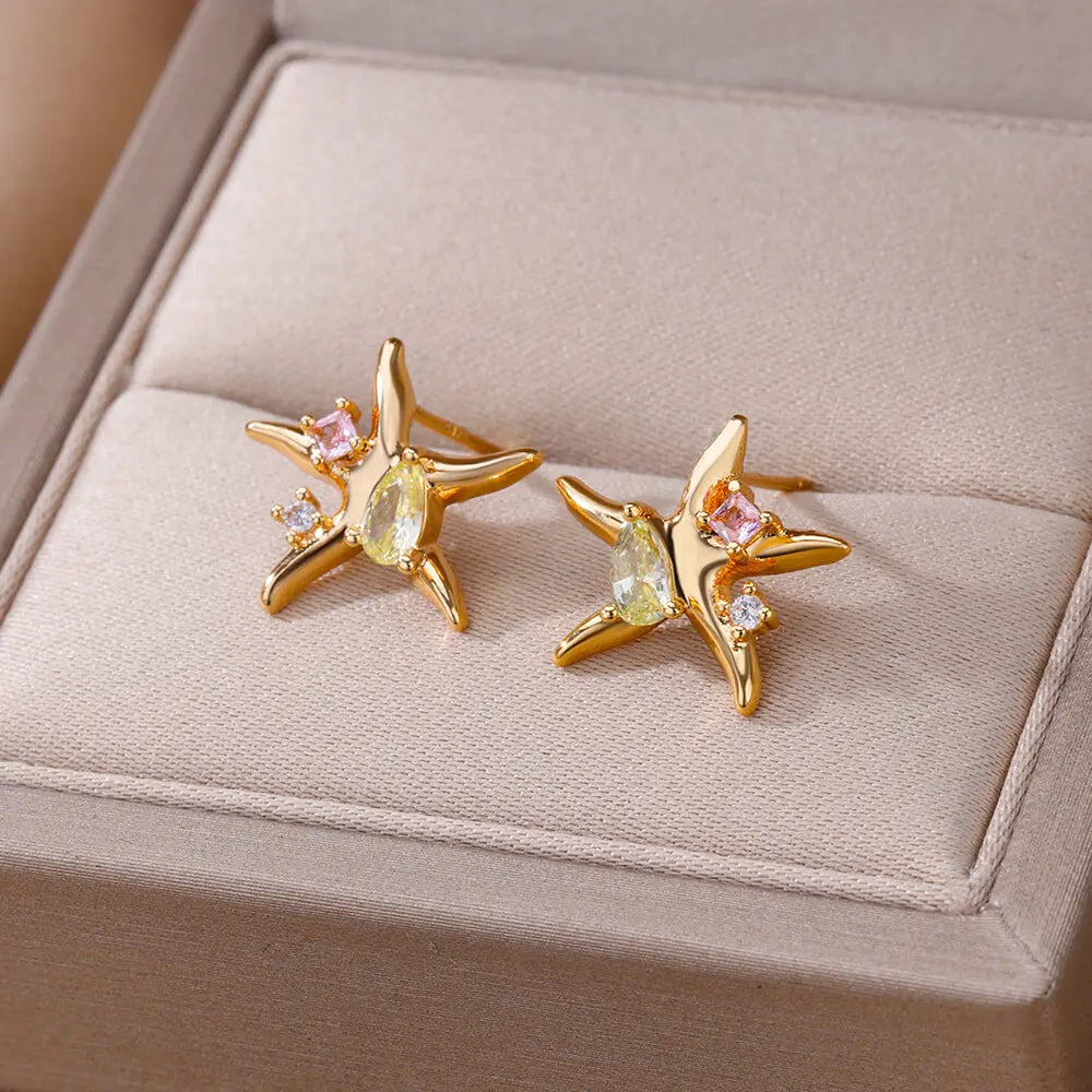 Water Drop Zircon Stars Stud Earrings For Women Stainless Steel Gold Color Statement Earring 2024 Femme Christmas Jewelry Gift