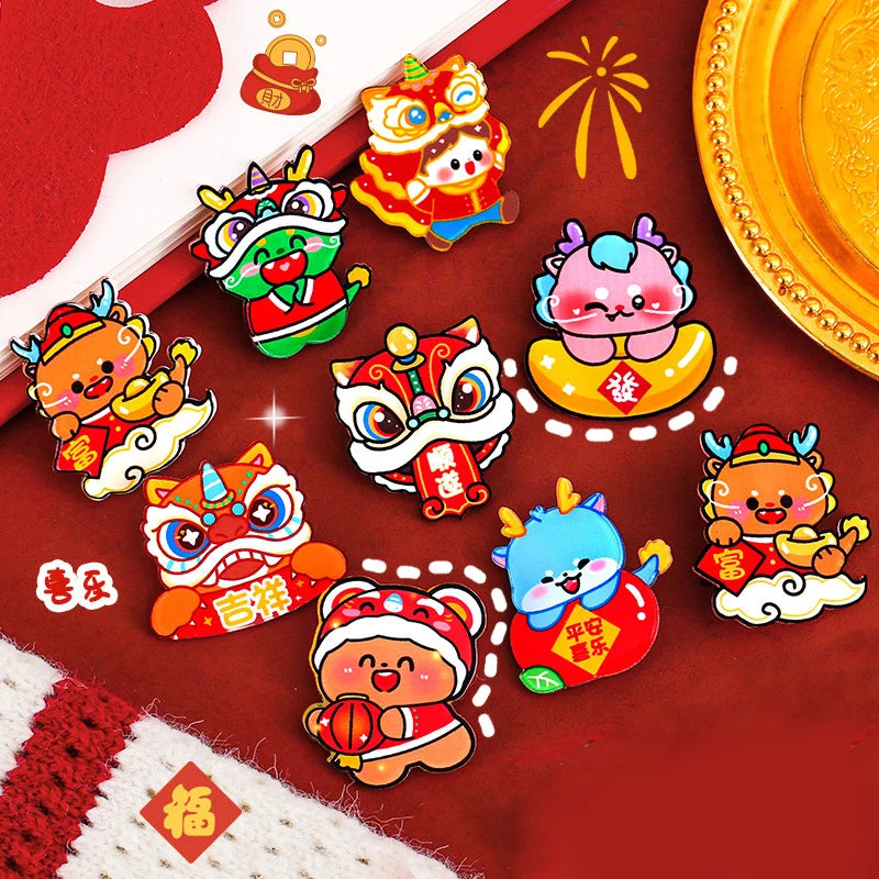 10PCS 2024 Dragon Year Cartoon Acrylic Brooch Clothing Jewelry Accessories Chinese New Year Gift Kawaii Corsage Bag Badge Pin