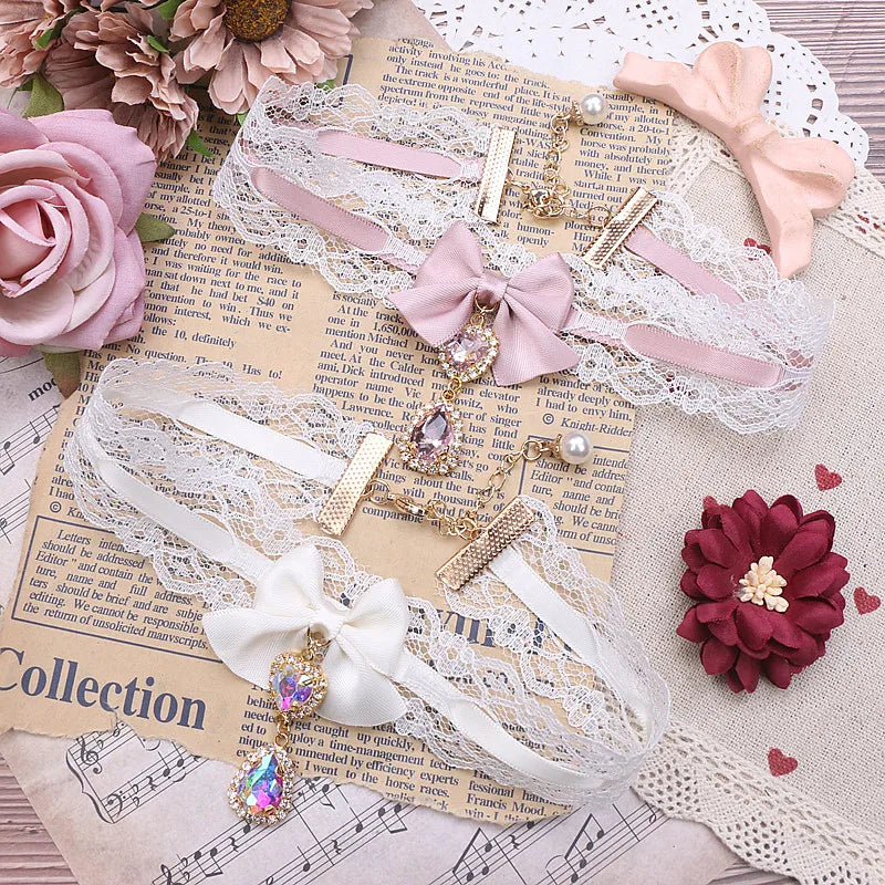 Kawaii Girls Short Collar Handmade Japanese Style Sweet and Cute Lady Lace Bow Rhinestone Pendant Stickers Necklace Jewelry