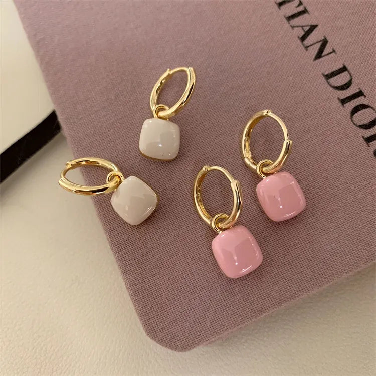 2023 New Sweet and Cute Korean Fashion Pink Square Pendant Women's Earrings Minimalist Jewelry Accessories