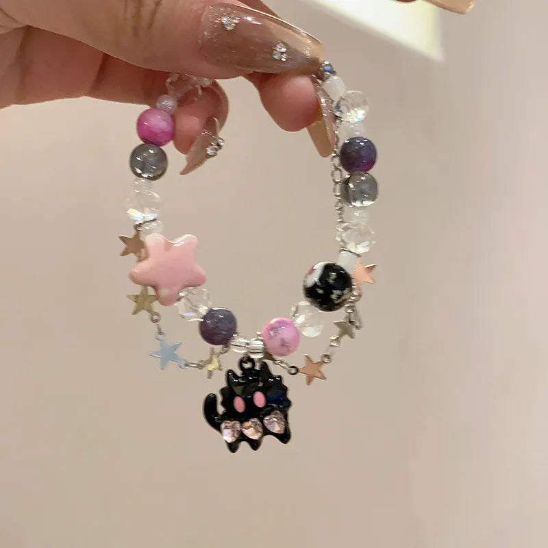 New Black Cat Heart Rhinestone Pentagram Star Beads Bracelet for Women Aesthetic Sweet Cool Trendy Jewelry Korean Fashion Gift