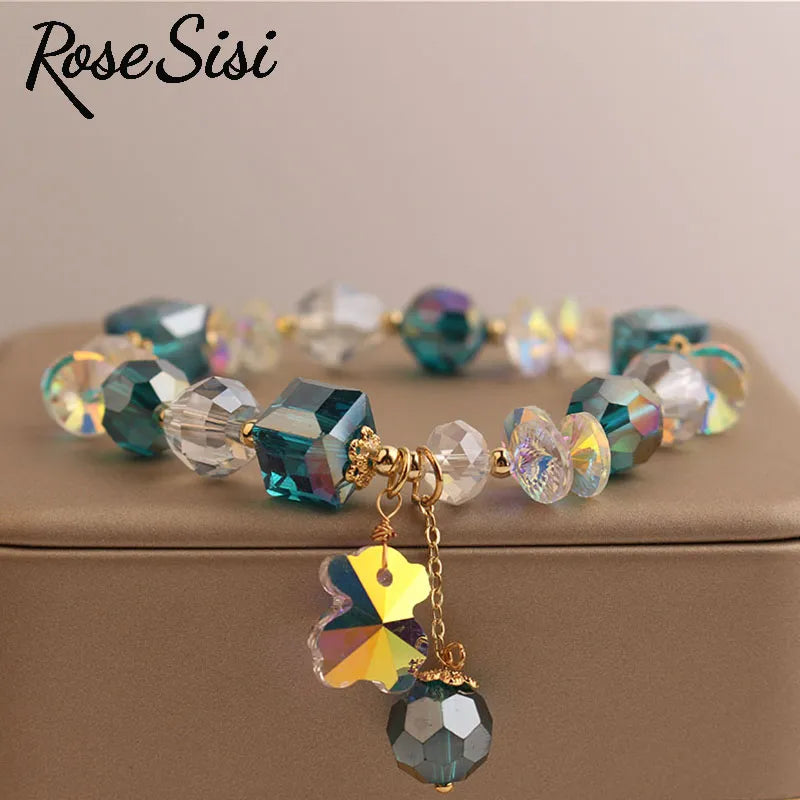 Rose sisi Korea bracelet fresh Bear pendant charm bracelet for women crystal beads jewelry for women leaf pendant gift