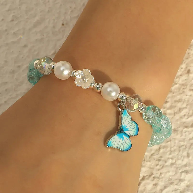 Cute Rhinestone Butterfly Charms Bracelet For Women Korean Fashion Crystal Beaded Bracelets Bridal Wedding Jewelry Travel Gift
