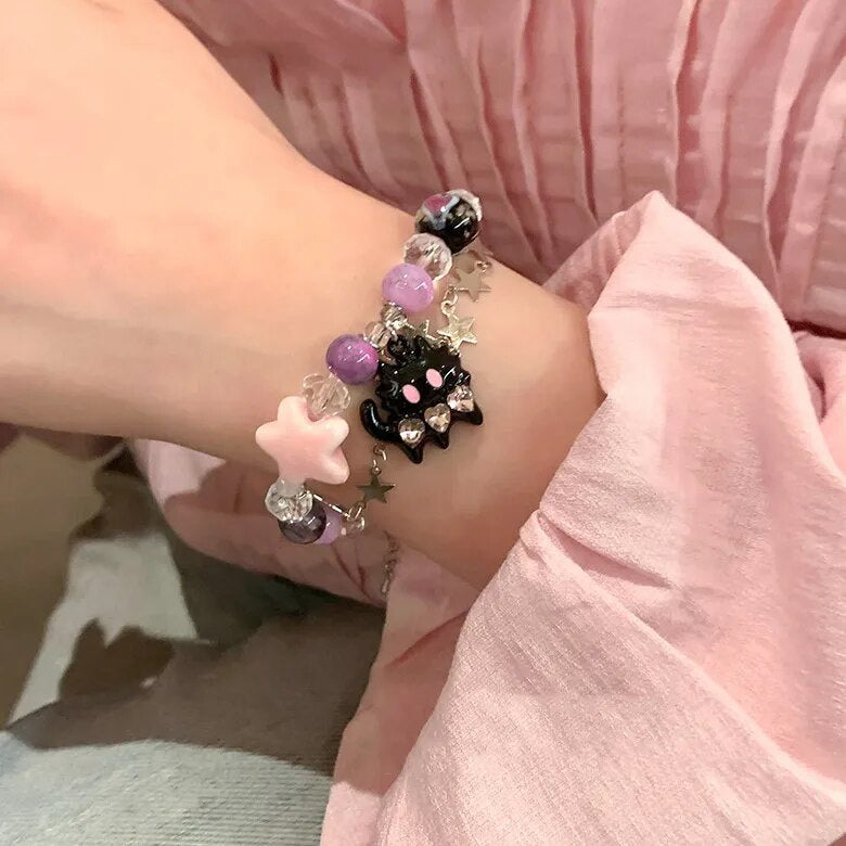 New Black Cat Heart Rhinestone Pentagram Star Beads Bracelet for Women Aesthetic Sweet Cool Trendy Jewelry Korean Fashion Gift