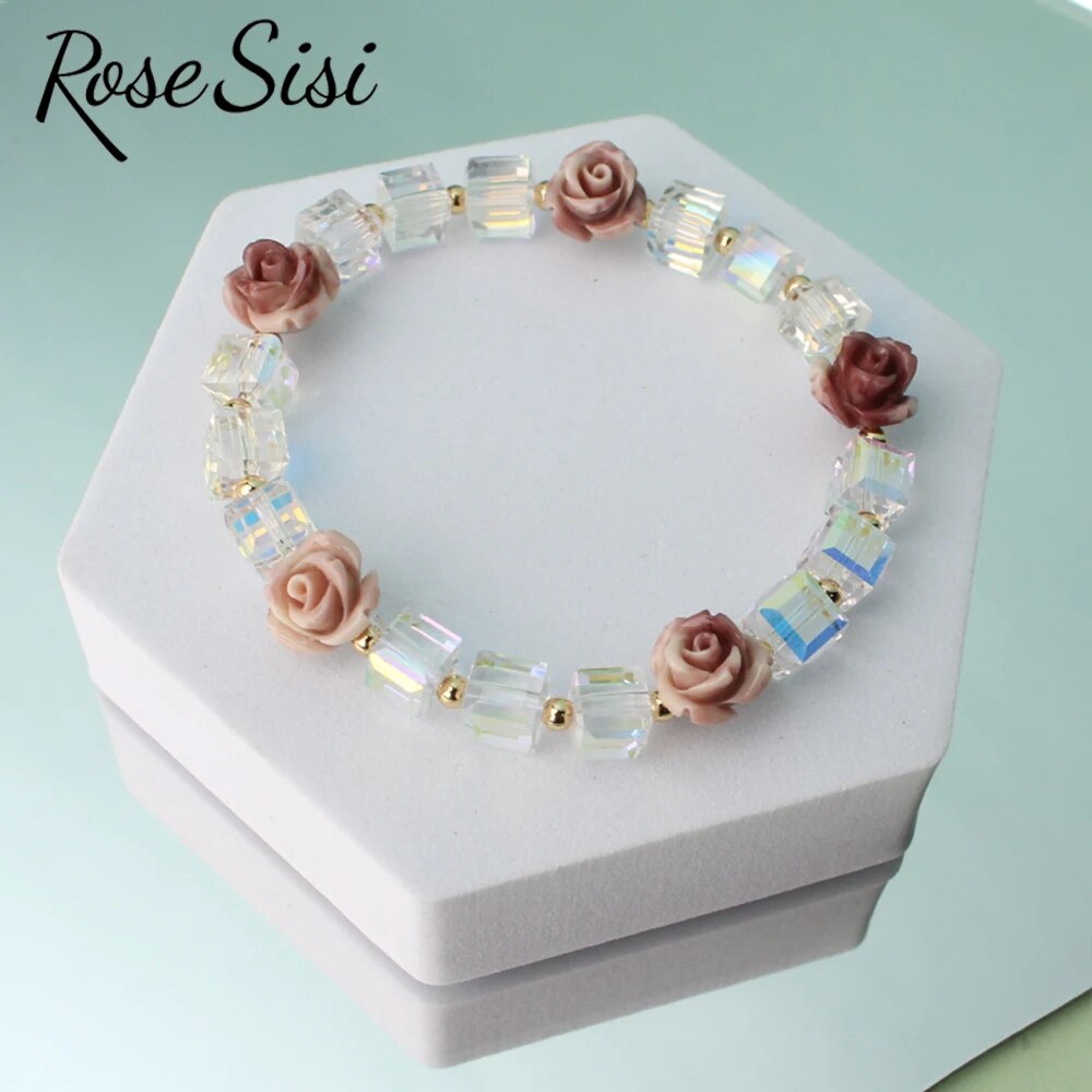 Rose sisi Korean version of fresh crystal bracelet for girls rose female charm bracelets elastic rope average size jewelry