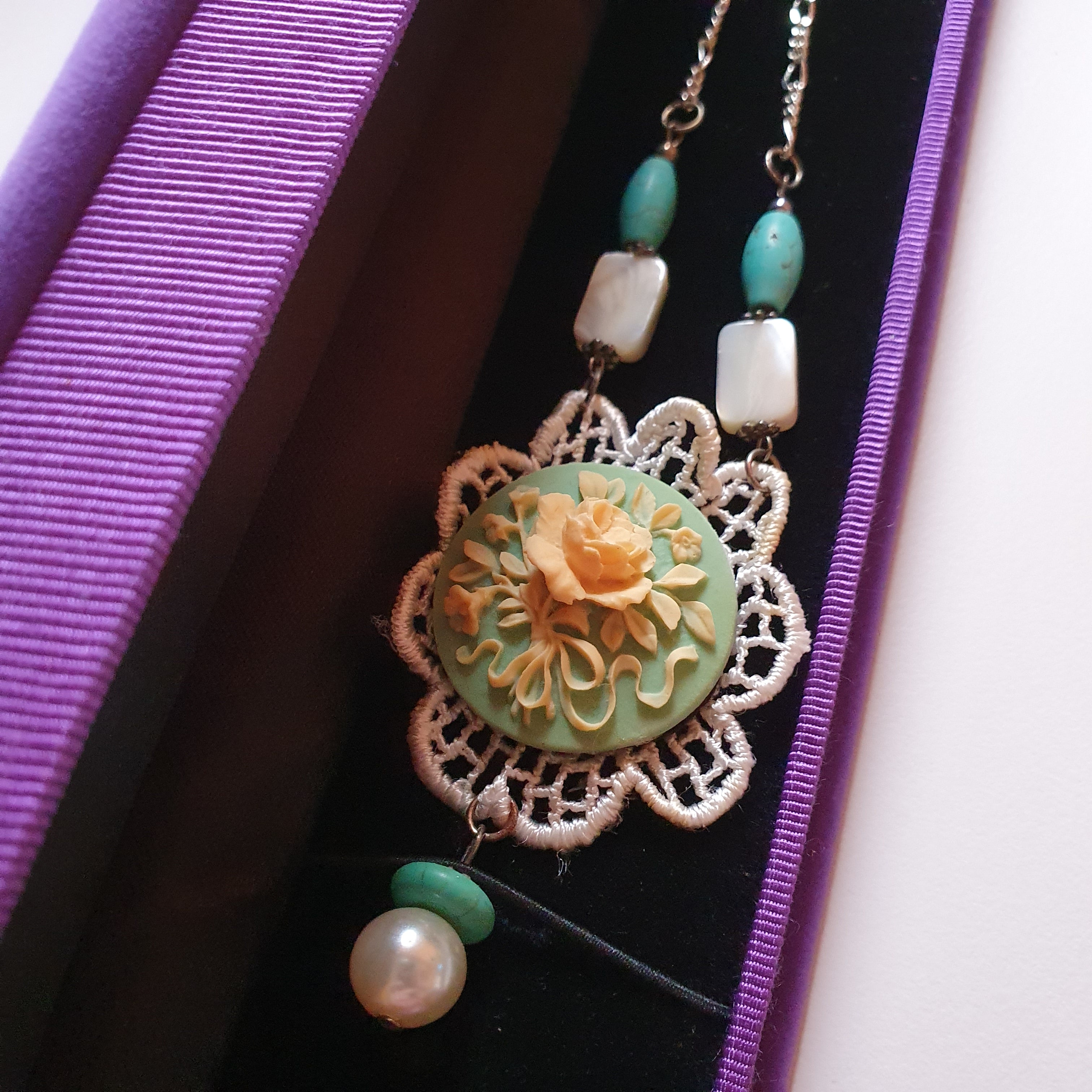 Ivory/Mint Green Rose cabochon with flower lace necklace