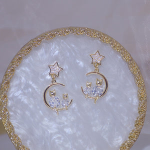 Cute Little Cat Shine Diamond Women Earring Bling AAA Zircon 14K Plated Gold Stud Earring Daily Anniversary Star Jewelry Pendant