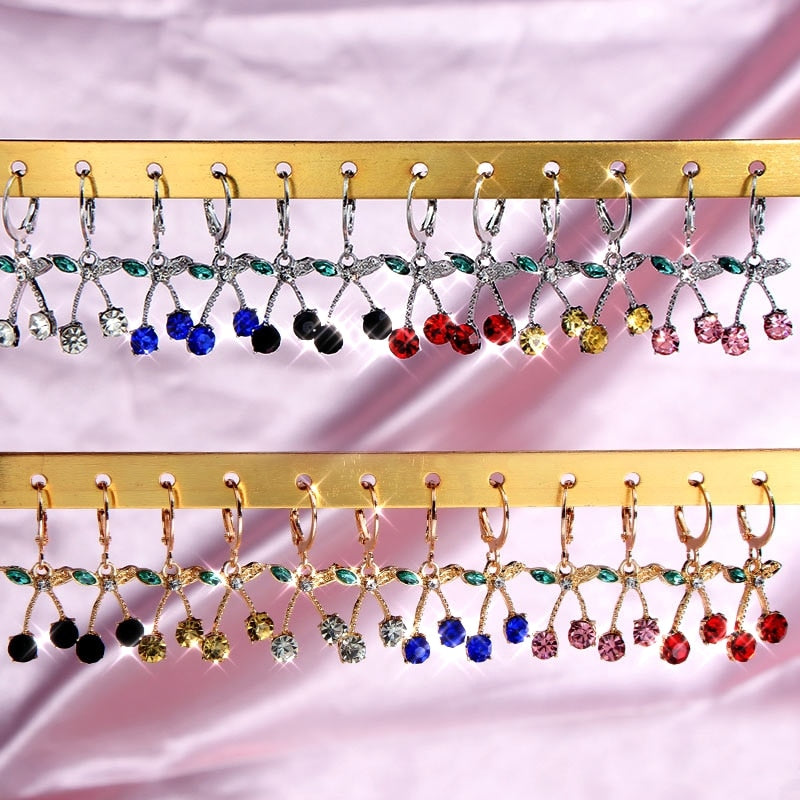 JUST FEEL Korean Cute Cherry Drop Earrings for Women Multicolor Crystal Fruit Earrings Fashion Small Fresh Jewelry Party Gift