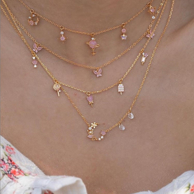 New Ins Vintage Ice Cream Clavicle Chain Cute Gold-plated Color Zircon Candy Lollipop Necklaces For Women Girls Fashion Jewelry
