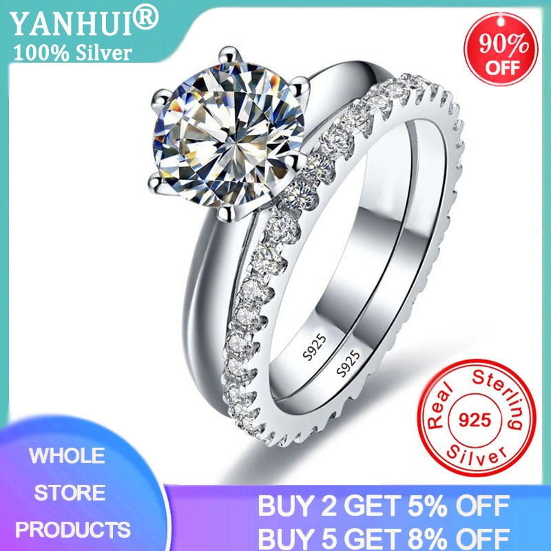 Amazing! Luxury 1.5Ct Zircon Rings Set Solid White Tibetan Silver Wedding Band Set for Women Stackable Ring Allergy Free Jewelry
