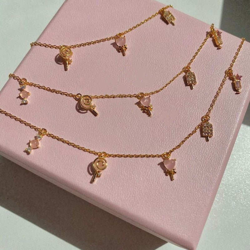 New Ins Vintage Ice Cream Clavicle Chain Cute Gold-plated Color Zircon Candy Lollipop Necklaces For Women Girls Fashion Jewelry